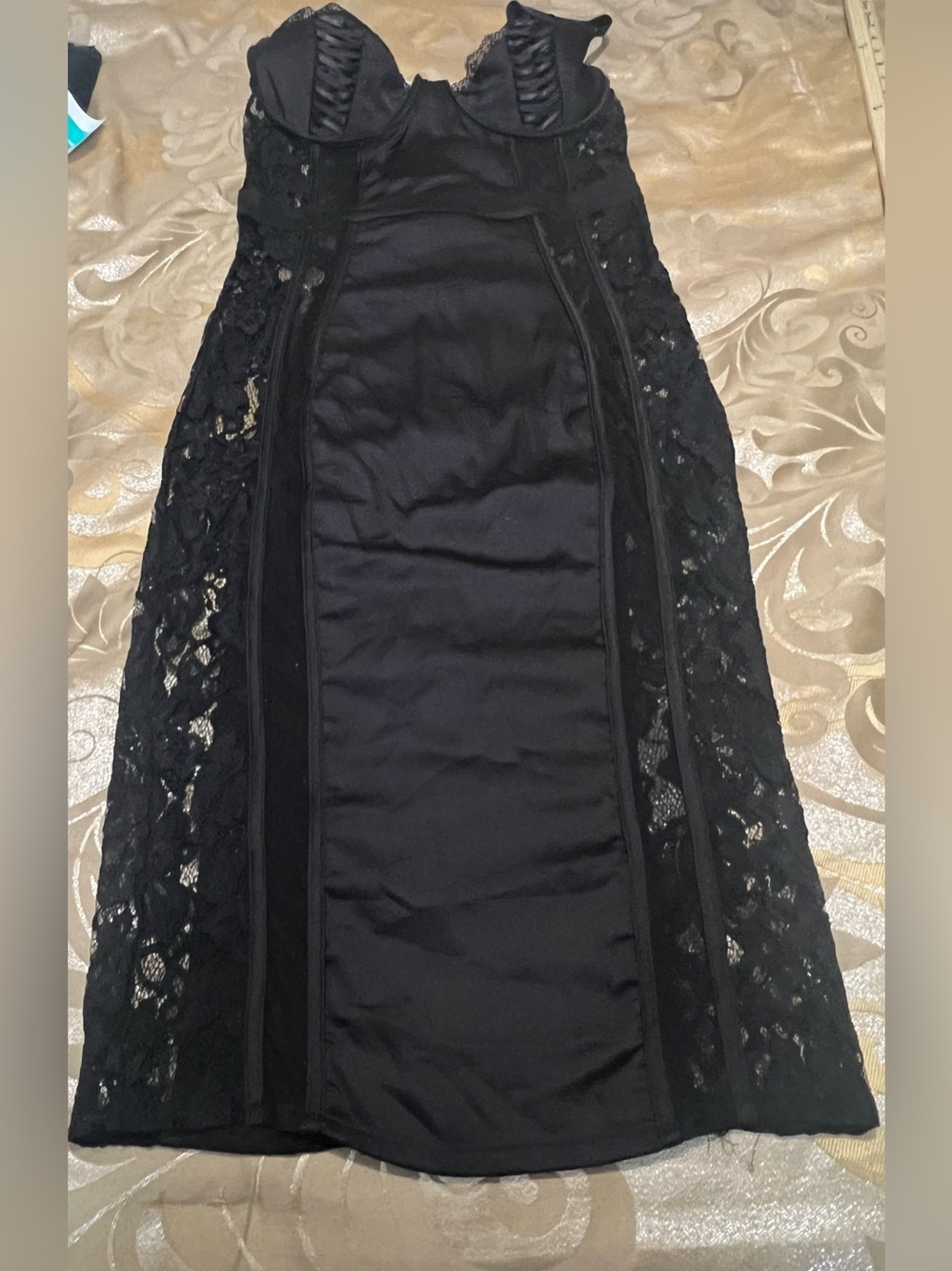 Oh Polly “Elisa” Black Satin Lace Corset MIDI Dress- Size 2